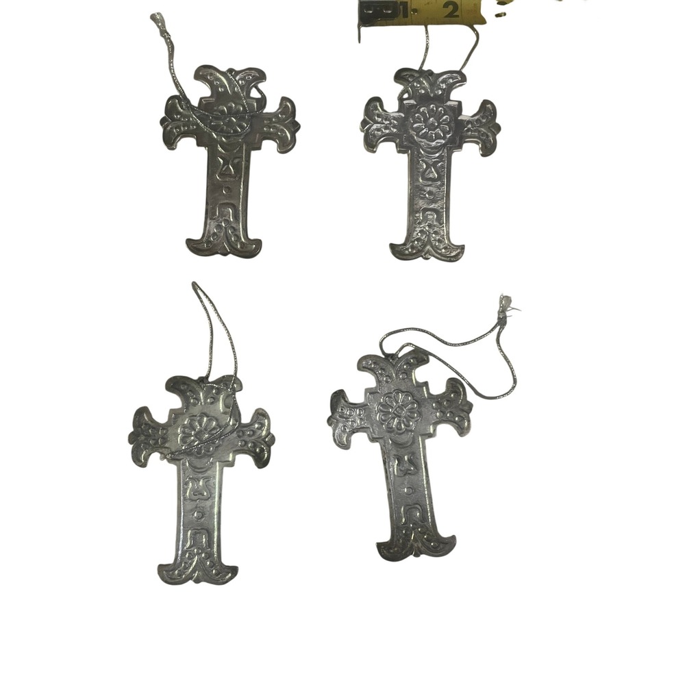 Vintage Silver Tone Embossed Metal Cross Ornaments Set of 4 Floral Design 4 Inch